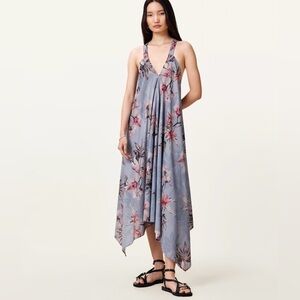 All Saints Asymmetric Floral Print Midi Dress